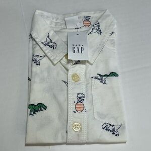 GAP White and Green Button Down Shirt with Dinosaur Print